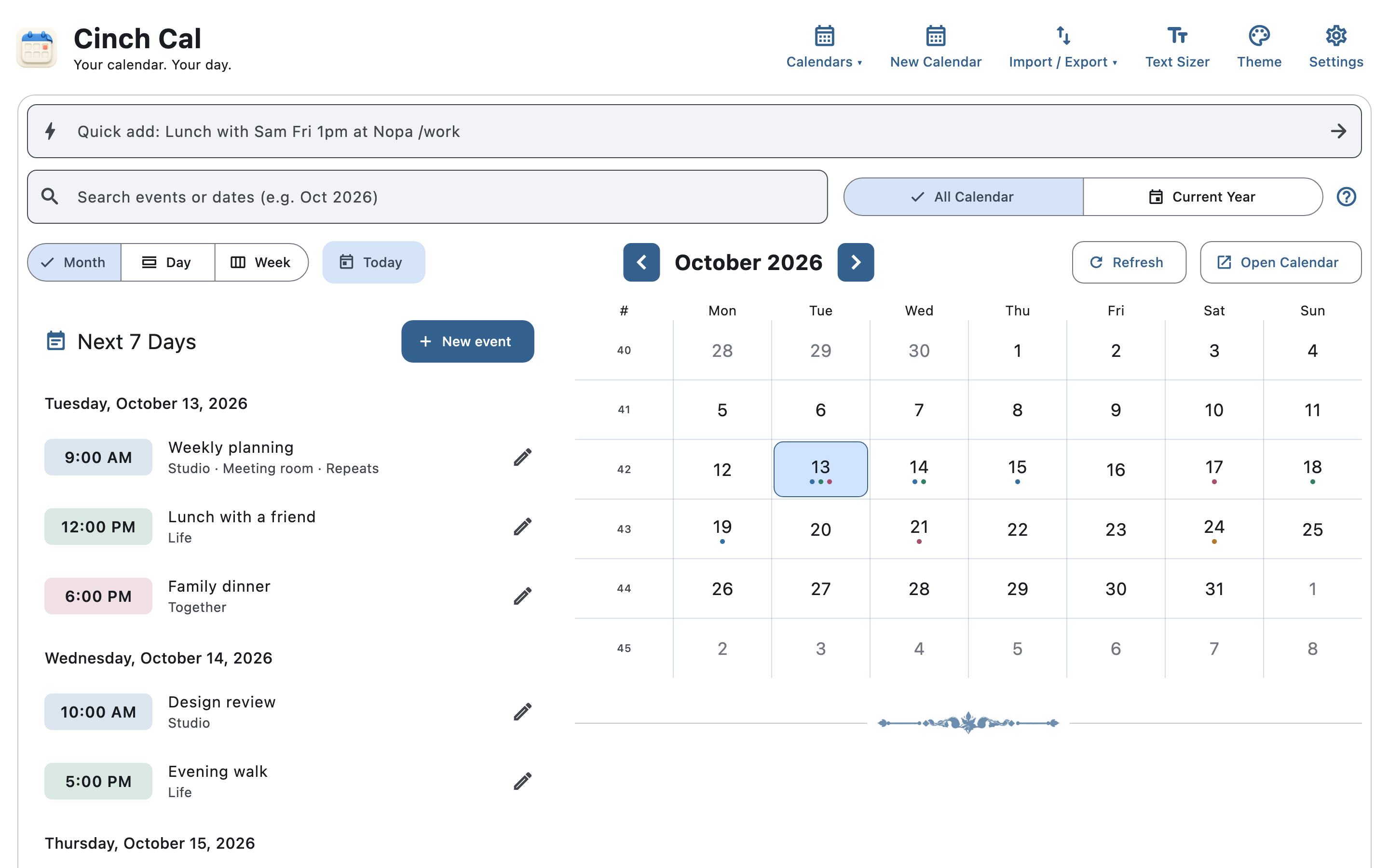 Cinch Cal showing a month calendar and upcoming agenda with fictional events